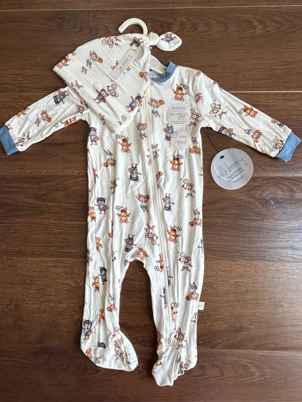 Milkberry Bamboo Footie and Hat Set Sports Bears 3-6m